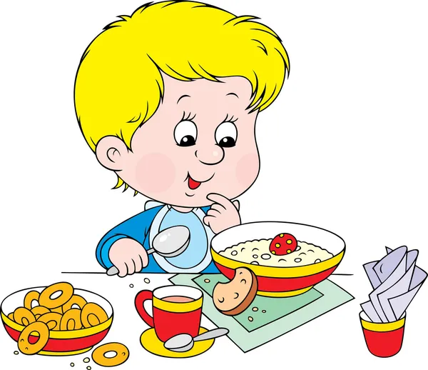 Мальчик за завтраком — стоковый вектор