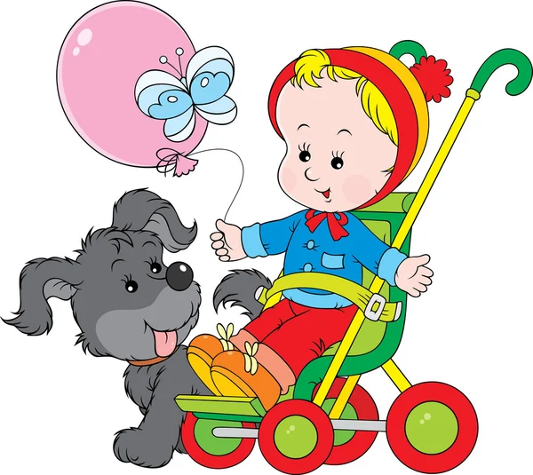 Pup and small child sitting in a pram in a walk — Stock Vector