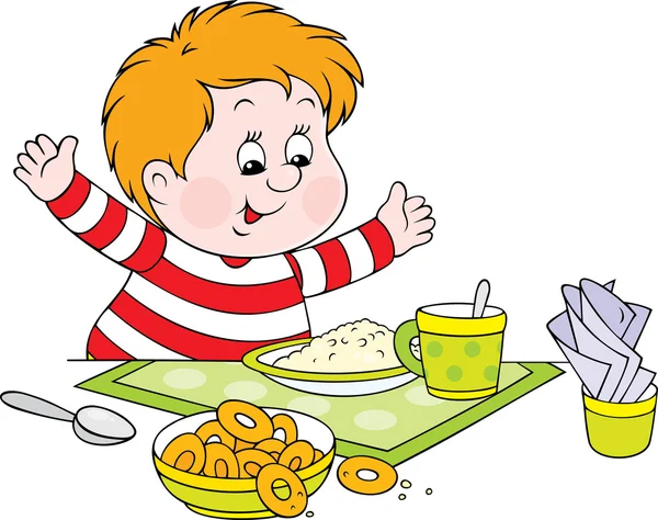 Glad pojke med feta kinder vid matbordet — Stock vektor