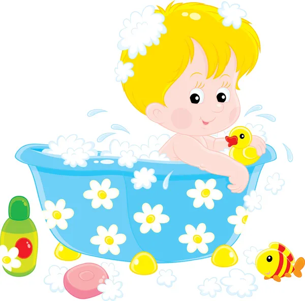 Niño bañándose con juguetes — Vector de stock