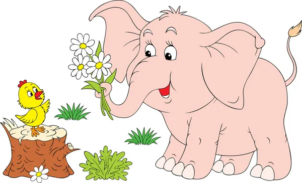 Rosafarbener Elefant und kleines Küken — Stockvektor