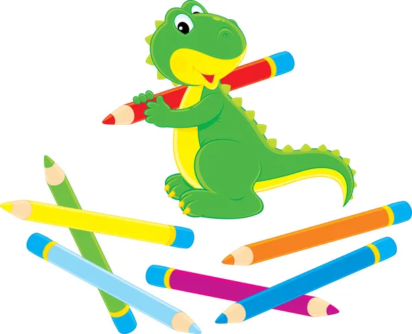 Green dinosaur drawing with pencils — Stock Vector