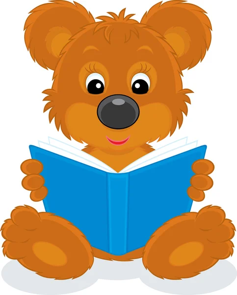 Cachorro oso marrón leyendo un libro azul — Vector de stock