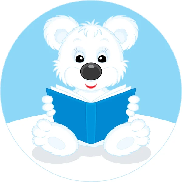 Polar bear cub reading a blue book — Stock Vector