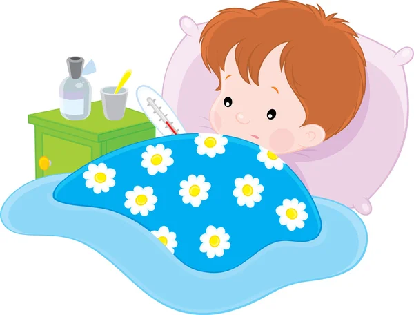 Хворий хлопчик лежить з термометром у ліжку — стоковий вектор