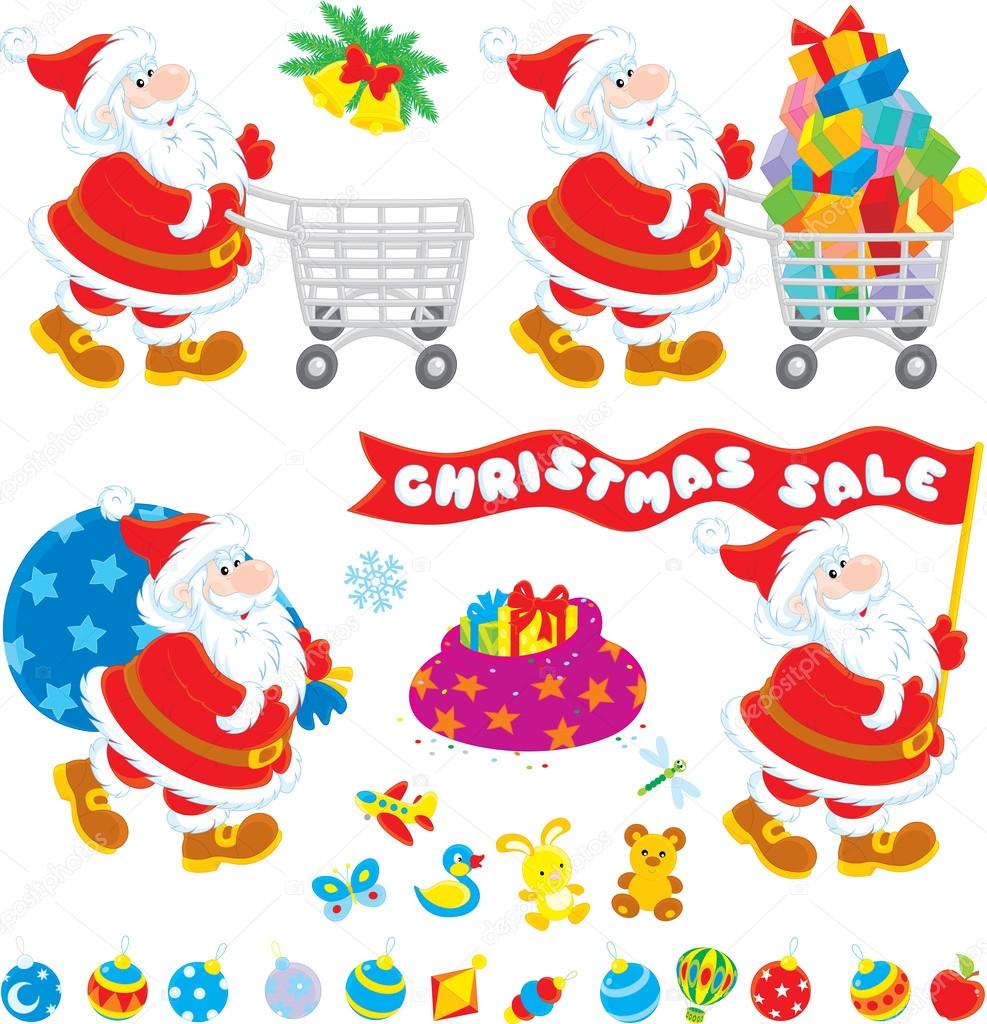 illustration of christmas toys gifts and santas.