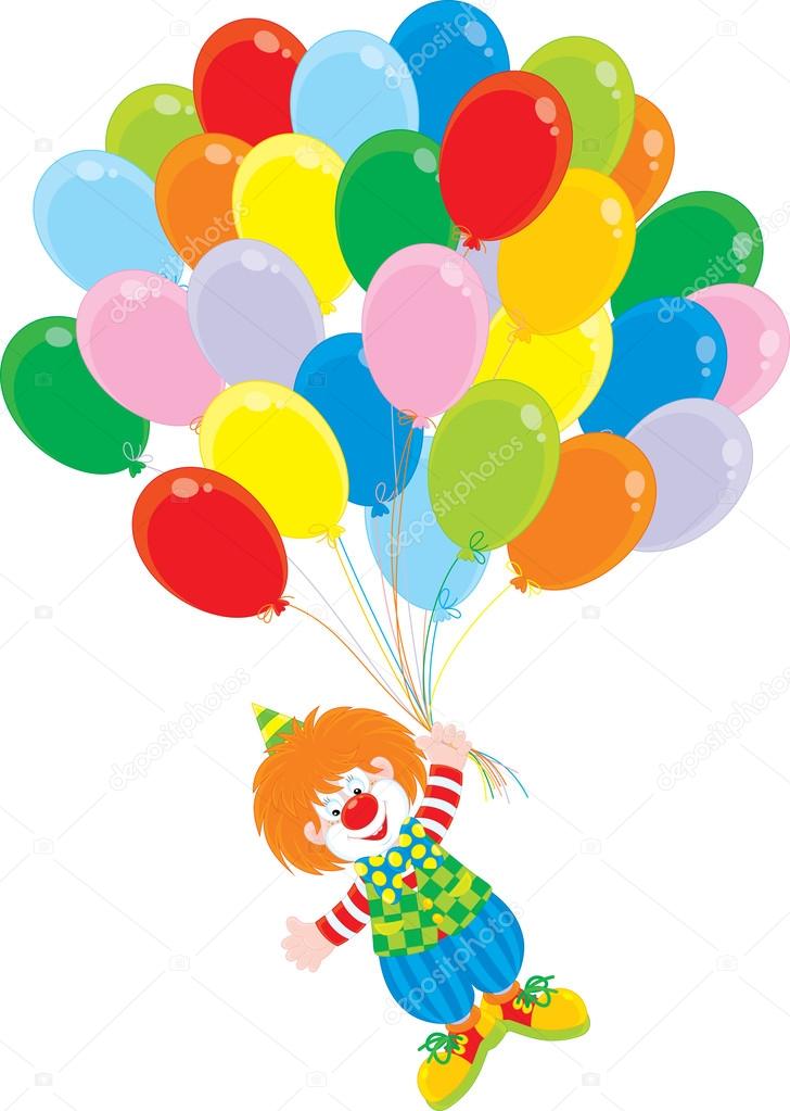 Circus clown flying with colorful balloons