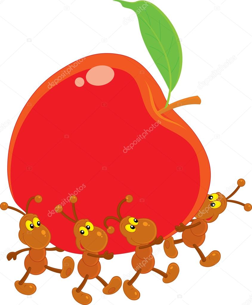 Ants carrying a red apple