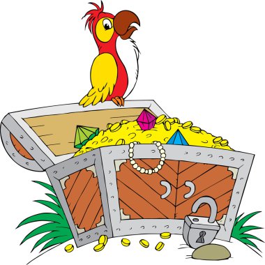 Parrot perched on an open treasure chest clipart