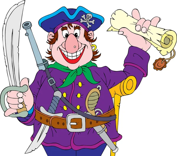 Pirate holding een zwaard en een schatkaart — Stockvector