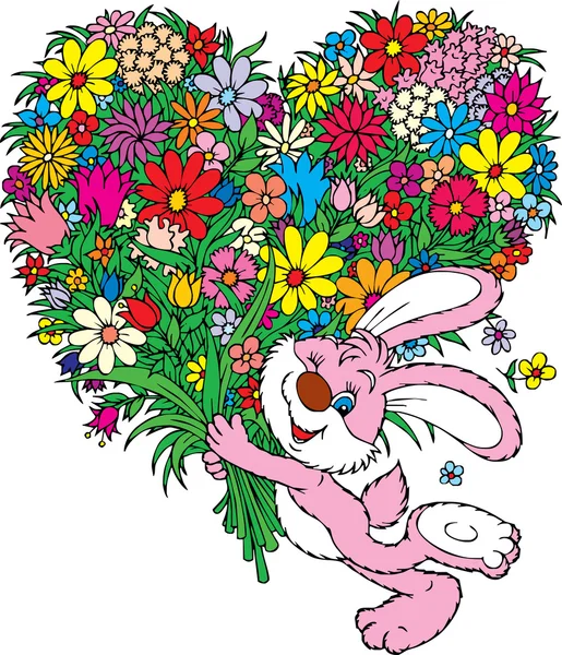 Conejo rosa con ramo de flores — Archivo Imágenes Vectoriales