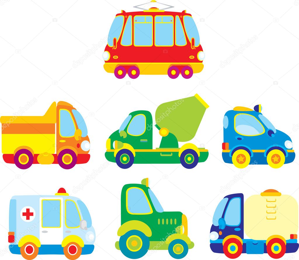 Bus, dump truck, cement truck, police car, ambulance, big rig and water truck, on a white background.