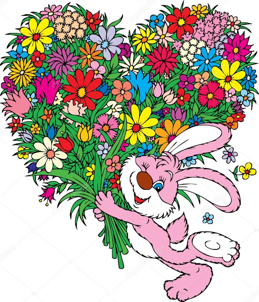 Pink bunny with flower bouquet