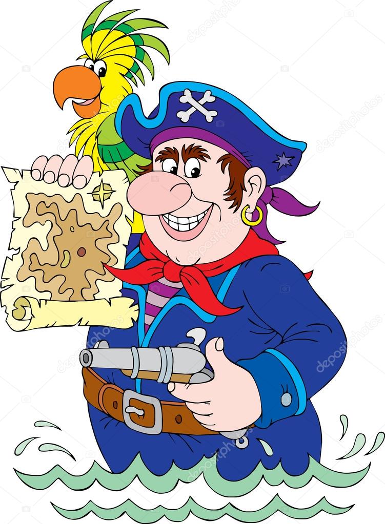 pirate holding a pistil and a map