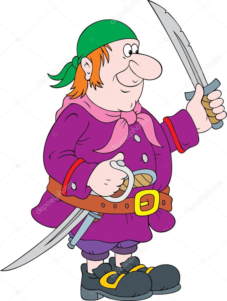 Red Haired Male Pirate In A Blue Bandana And Purple Jacket, holding swords, on a white background