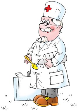 Kıdemli doktor ilaç içine bir kaşık dökerek