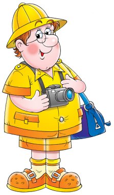 mutlu erkek turistik bir çanta ve kamera