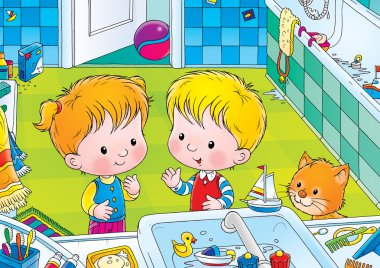 erkek ve kız bir banyo lavabo oyuncaklar ile oynama.