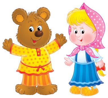 Happy bear in clothes, standing by a little blond girl clipart