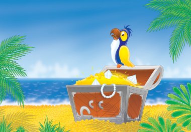 Pirate parrot and treasure chest clipart