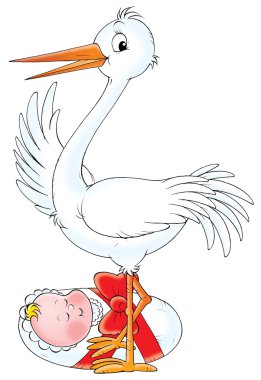 White stork standing over a cute little baby clipart