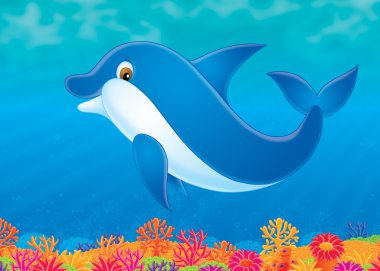 Cute blue dolphin swimming above a colorful coral reef. clipart