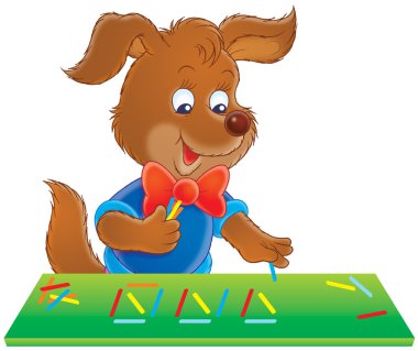 Puppy playing with colorful sticks. clipart