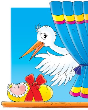 white stork waving while delivering a newborn baby in a window. clipart