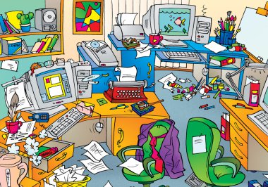 very messy office with clutter clipart