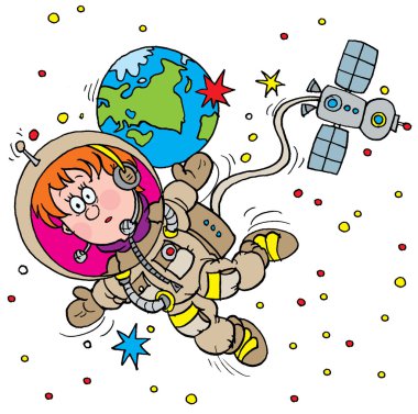 Çocuk bir astronot uzayda yüzen