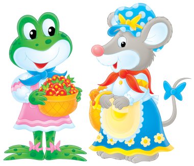 Cute female frog and mouse in clothes clipart