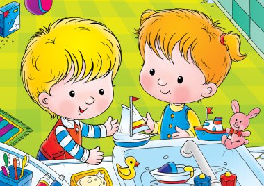 erkek ve kız bir lavabo banyo oyuncakları ile oynarken.