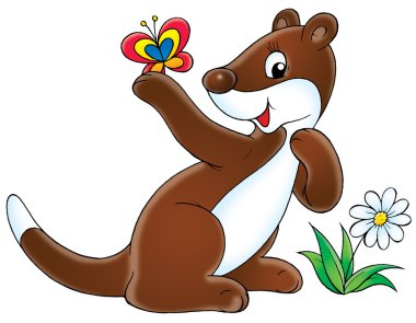 Cute brown and white ferret by a flower