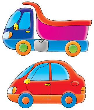pembe ve mavi damperli kamyon ve araba kırmızı