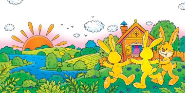 Üç mutlu sarı tavşan dans