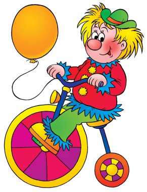 clown with a balloon, riding a colorful bike clipart
