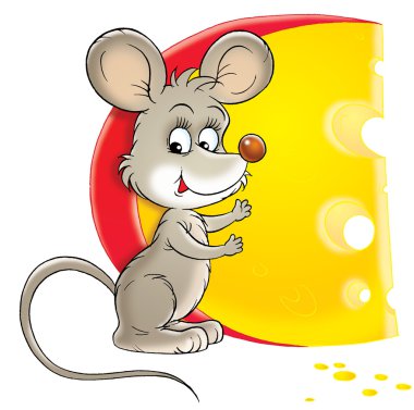 Cute mouse standing by a big circular wedge of cheese clipart