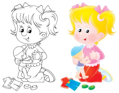 Kız bir bebekle oynuyor.