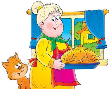 Grandmother carrying fancy bread in a kitchen clipart