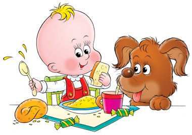 Puppy watching a baby make a mess while eating. clipart