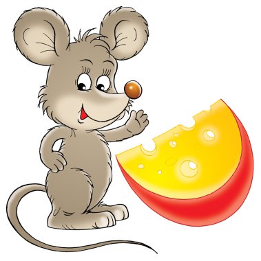 Mouse waving and standing with a wedge of cheese clipart
