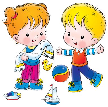 küçük bir kız ile kardeşi oyuncaklarla oynarken yüzünün bir havlu ile kurutma