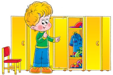 Blond boy looking at messy shelves in a locker room clipart