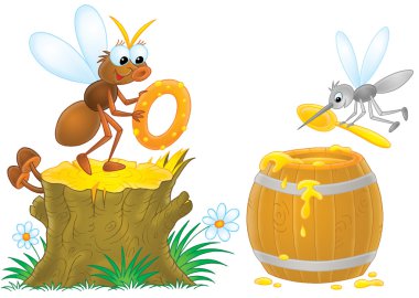 fly holding a donut on a stump while a mosquito scoops honey out of a barrel clipart