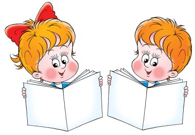 küçük erkek ve kız kitap okuma sırasında gidiyor