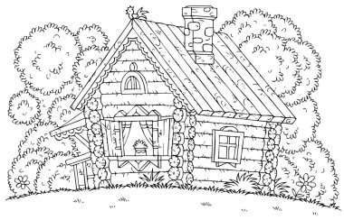 coloring page outline of a chicken atop a log cabin