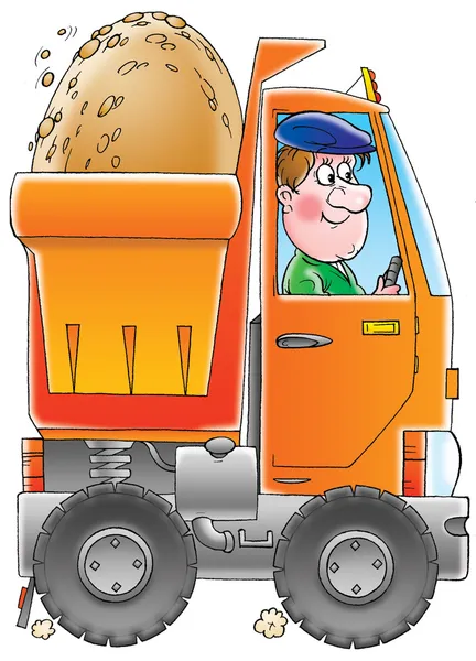 Happy man driving a dump truck with dirt in the back — Stock Photo, Image