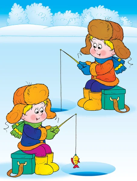 两个男孩的冰在结冰的湖面上钓鱼. — 图库照片