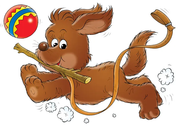 bağlı mor tasma ile çalışan mutlu köpek yavrusu