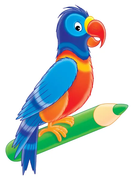 Colorful parrot perched on a green colored pencil. — Stock Photo, Image